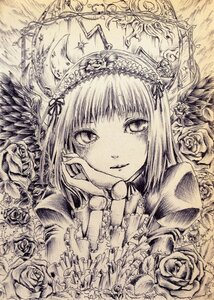 Rating: Safe Score: 0 Tags: 1girl flower frills hairband hands_on_own_face image looking_at_viewer monochrome ribbon rose short_hair solo suigintou thorns traditional_media white_rose User: admin