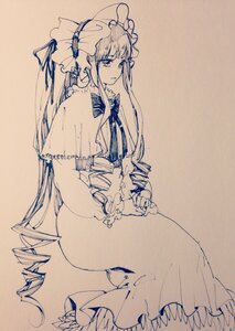 Rating: Safe Score: 0 Tags: 1girl capelet dress drill_hair frills hat image long_hair long_sleeves mob_cap monochrome patchouli_knowledge ribbon shinku solo striped traditional_media very_long_hair User: admin