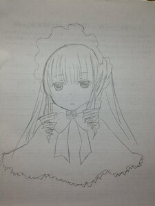 Rating: Safe Score: 0 Tags: 1girl auto_tagged bowtie closed_mouth dress eyebrows_visible_through_hair frills greyscale image long_hair long_sleeves looking_at_viewer monochrome photo shinku simple_background solo traditional_media User: admin