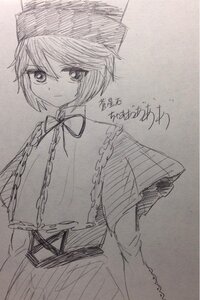 Rating: Safe Score: 0 Tags: 1girl capelet chain closed_mouth dated greyscale hat image looking_at_viewer monochrome neck_ribbon ribbon short_hair skirt solo souseiseki traditional_media User: admin