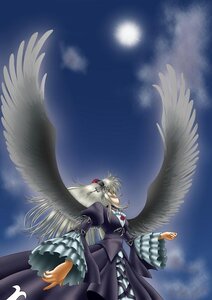 Rating: Safe Score: 0 Tags: 1girl angel_wings black_dress blonde_hair cloud dress frills image lens_flare long_hair long_sleeves night ribbon sky solo suigintou wings User: admin