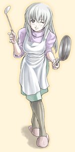 Rating: Safe Score: 0 Tags: 1girl apron full_body image ladle long_hair one_eye_closed simple_background slippers smile solo standing suigintou User: admin