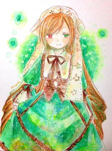 Rating: Safe Score: 0 Tags: 1girl brown_hair dress green_dress green_eyes heterochromia image long_hair long_sleeves looking_at_viewer red_eyes smile solo suiseiseki very_long_hair watercolor_(medium) User: admin