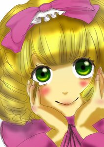 Rating: Safe Score: 0 Tags: 1girl bangs blonde_hair blush bow chin_rest drill_hair green_eyes hand_on_own_cheek hands_on_own_cheeks hands_on_own_face hina_ichigo hinaichigo image looking_at_viewer pink_bow smile solo User: admin