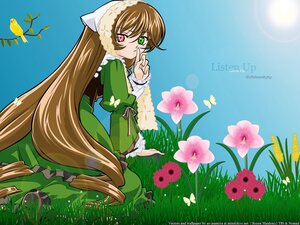 Rating: Safe Score: 0 Tags: 1girl blue_butterfly brown_hair bug butterfly copyright_name dress flower frills green_dress green_eyes heterochromia image insect long_hair long_sleeves looking_at_viewer looking_back red_eyes sitting solo suiseiseki very_long_hair User: admin