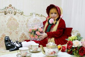 Rating: Safe Score: 0 Tags: 1girl blonde_hair bonnet cup dress flower food long_hair pink_flower pink_rose red_dress rose saucer shinku sitting solo tea teacup teapot tiered_tray User: admin