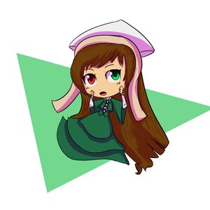 Rating: Safe Score: 0 Tags: 1girl brown_hair chibi dress food_on_face green_dress green_eyes hat heterochromia image long_hair long_sleeves red_eyes solo suiseiseki very_long_hair User: admin