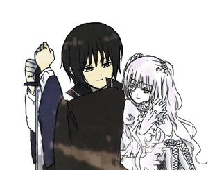 Rating: Safe Score: 0 Tags: 1boy 1girl blush dress frills holding holding_clothes image kirakishou long_hair long_sleeves monochrome simple_background smile solo User: admin