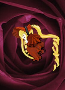 Rating: Safe Score: 0 Tags: 1girl auto_tagged blonde_hair closed_eyes dress fruit image long_sleeves red_dress shinku solo User: admin