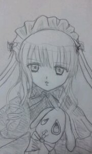 Rating: Safe Score: 0 Tags: 1girl frills greyscale image long_hair long_sleeves looking_at_viewer maid_headdress monochrome shinku simple_background solo stuffed_animal suigintou upper_body User: admin