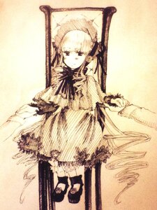 Rating: Safe Score: 0 Tags: bow dress frills image long_hair long_sleeves looking_at_viewer monochrome multiple_girls sepia shinku solo standing suigintou User: admin