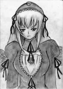 Rating: Safe Score: 0 Tags: 1girl breasts choker cleavage detached_collar dress frills greyscale hairband image long_hair long_sleeves looking_at_viewer monochrome puffy_sleeves ribbon solo suigintou traditional_media upper_body wings User: admin