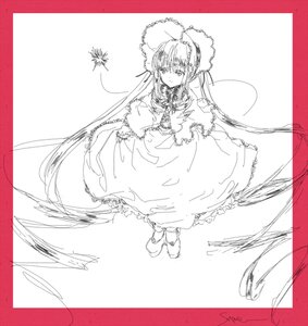 Rating: Safe Score: 0 Tags: 1girl absurdly_long_hair auto_tagged black_border border dress frills full_body image long_hair long_sleeves looking_at_viewer monochrome red_border shinku smile solo standing twintails very_long_hair User: admin
