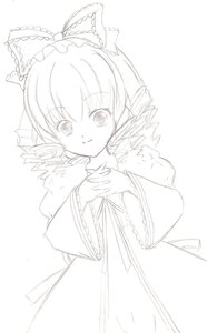 Rating: Safe Score: 0 Tags: 1girl blush bow dress drill_hair hinaichigo image long_sleeves looking_at_viewer monochrome smile solo wide_sleeves User: admin