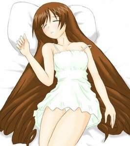 Rating: Safe Score: 0 Tags: 1girl bare_shoulders bed blush brown_hair closed_eyes dress image long_hair lying pillow short_dress sleeping solo strap_slip suiseiseki underwear very_long_hair white_panties User: admin