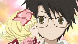 Rating: Safe Score: 0 Tags: 1boy 1girl black_hair blonde_hair bow closed_eyes glasses hair_bow hinaichigo image kiss letterboxed pink_bow ribbon solo User: admin