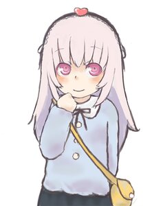 Rating: Safe Score: 0 Tags: 1girl bag bangs blue_shirt blush eyebrows_visible_through_hair hairband heart image long_hair long_sleeves looking_at_viewer pink_eyes ribbon simple_background skirt smile solo striped suigintou white_background User: admin