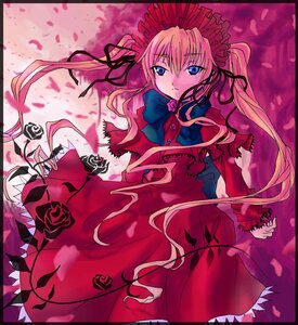 Rating: Safe Score: 0 Tags: 1girl black_border blonde_hair blue_eyes bonnet border bow capelet dress flower image long_hair long_sleeves looking_at_viewer petals pink_flower pink_hair pink_rose red_dress ribbon rose rose_petals shinku solo thorns User: admin