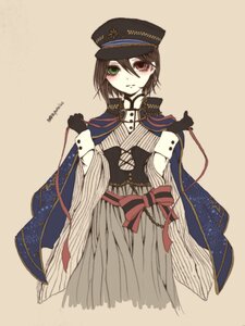Rating: Safe Score: 0 Tags: 1girl cape gloves green_eyes hat heterochromia image red_eyes solo souseiseki striped User: admin