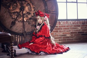 Rating: Safe Score: 0 Tags: 1girl blonde_hair blue_eyes bow dress flower frills indoors lolita_fashion long_hair looking_at_viewer red_dress ribbon shinku sitting solo window User: admin