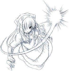 Rating: Safe Score: 0 Tags: 1girl dress frills from_above full_body hair_over_one_eye image long_hair long_sleeves looking_at_viewer monochrome simple_background solo striped suiseiseki very_long_hair white_background User: admin
