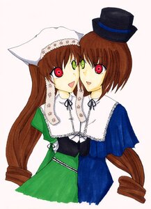 Rating: Safe Score: 0 Tags: 2girls :d blue_dress brown_hair dress green_dress green_eyes hat head_scarf heterochromia image long_hair long_sleeves looking_at_viewer multiple_girls open_mouth pair red_eyes short_hair siblings simple_background sisters smile souseiseki suiseiseki top_hat twins very_long_hair User: admin