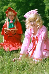 Rating: Safe Score: 0 Tags: 2girls blonde_hair book bow dress flower frills grass green_eyes hina_ichigo long_sleeves multiple_cosplay multiple_girls outdoors ribbon short_hair sitting tagme User: admin