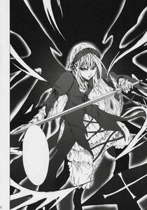 Rating: Safe Score: 0 Tags: 1girl alice_margatroid dress frills greyscale hairband holding image lolita_hairband long_sleeves monochrome short_hair solo suigintou weapon User: admin
