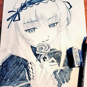 Rating: Safe Score: 0 Tags: 1girl blonde_hair blue_eyes braid hair_ribbon image long_hair millipen_(medium) photo ribbon rose solo suigintou traditional_media User: admin