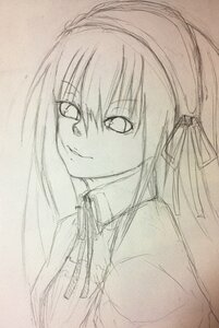 Rating: Safe Score: 0 Tags: 1girl closed_mouth hair_ribbon hairband image long_hair looking_at_viewer monochrome ribbon simple_background sketch smile solo suigintou traditional_media upper_body white_background User: admin