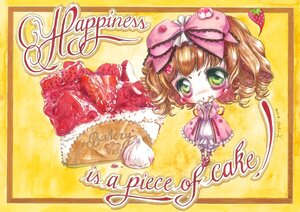 Rating: Safe Score: 0 Tags: 1girl bow brown_hair chibi dress food green_eyes hair_bow hina_ichigo hinaichigo image pink_bow pink_dress short_hair smile solo yellow_background User: admin