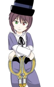 Rating: Safe Score: 0 Tags: 1girl brown_hair dress green_eyes hat heterochromia image long_sleeves looking_at_viewer red_eyes ribbon short_hair simple_background smile solo souseiseki top_hat white_background User: admin