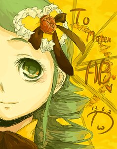 Rating: Safe Score: 0 Tags: 1girl choker face green_hair halloween hat image jack-o'-lantern kanaria long_hair pumpkin ribbon smile solo yellow_background User: admin