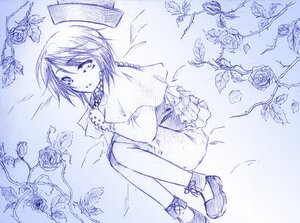Rating: Safe Score: 0 Tags: 1girl black_rose blue_rose blue_theme blush bug butterfly capelet flower frills image insect long_sleeves monochrome rose short_hair solo souseiseki thorns traditional_media white_rose User: admin