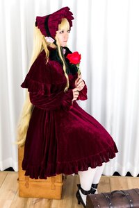 Rating: Safe Score: 0 Tags: 1girl black_footwear blonde_hair blue_eyes bonnet bow curtains dress flower holding_flower long_hair long_sleeves pantyhose red_dress red_flower rose shinku solo standing white_legwear User: admin