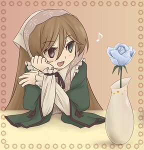 Rating: Safe Score: 0 Tags: 1boy 1girl blush brown_hair commentary_request cup dress eighth_note flower green_eyes hairband heterochromia image kumashiro long_hair musical_note open_mouth rose rozen_maiden smile solo suiseiseki vase User: admin