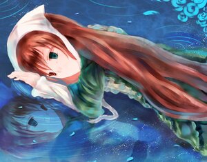 Rating: Safe Score: 0 Tags: 1girl brown_hair dress flower frills green_dress image long_hair long_sleeves looking_at_viewer mermaid monster_girl petals reflection solo suiseiseki very_long_hair water User: admin