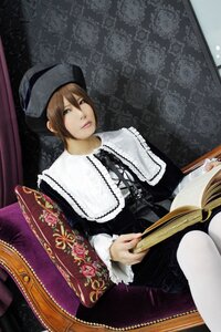 Rating: Safe Score: 0 Tags: 1girl black_dress book brown_hair dress green_eyes hat lace lips long_sleeves looking_at_viewer open_book pantyhose sitting solo souseiseki white_legwear User: admin