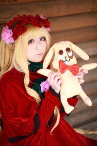 Rating: Safe Score: 0 Tags: 1girl blonde_hair blue_eyes dress flower hair_ornament holding lips long_hair realistic red_dress rose shinku solo stuffed_animal User: admin