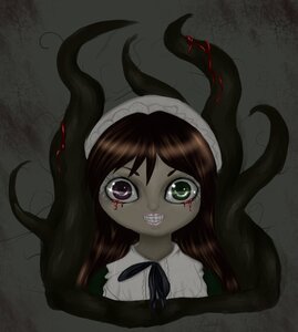 Rating: Safe Score: 0 Tags: 1girl blood brown_hair green_eyes horror_(theme) image long_hair maid_headdress ribbon solo suiseiseki teeth User: admin