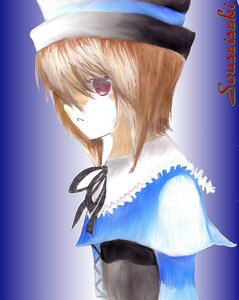 Rating: Safe Score: 0 Tags: 1girl blonde_hair blue_background gradient gradient_background hat image neck_ribbon red_eyes ribbon short_hair solo souseiseki upper_body User: admin