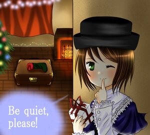 Rating: Safe Score: 0 Tags: 1boy 1girl blush box brown_hair finger_to_mouth gift green_eyes hat image one_eye_closed short_hair shushing smile solo souseiseki User: admin