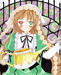 Rating: Safe Score: 0 Tags: 1girl brown_hair dress flower frills green_dress green_eyes hat heterochromia image long_hair long_sleeves pink_flower pink_rose purple_rose red_eyes ribbon rose smile solo suiseiseki very_long_hair vines watering_can User: admin