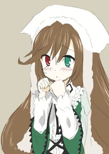 Rating: Safe Score: 0 Tags: 1girl :o blush brown_hair dress frills green_dress green_eyes hat head_scarf heterochromia image long_hair long_sleeves red_eyes simple_background solo suiseiseki very_long_hair User: admin