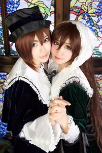 Rating: Safe Score: 0 Tags: 2girls brown_hair dress green_eyes hat head_scarf heterochromia holding_hands interlocked_fingers lips long_hair long_sleeves looking_at_viewer multiple_cosplay multiple_girls red_eyes short_hair siblings sisters smile souseiseki stained_glass suiseiseki tagme twins User: admin