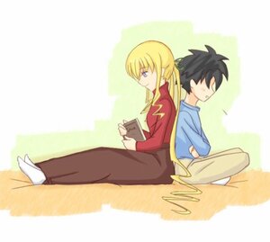 Rating: Safe Score: 0 Tags: 1boy 1girl black_hair blonde_hair blue_eyes book image long_hair long_sleeves open_book pants reading shinku sitting solo User: admin