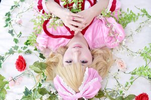 Rating: Safe Score: 0 Tags: 1girl blonde_hair blue_eyes bow eyelashes flower hair_bow hinaichigo leaf lily_of_the_valley lips lying on_back own_hands_together plant realistic red_flower red_rose rose short_hair smile solo User: admin