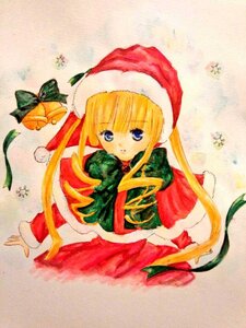 Rating: Safe Score: 0 Tags: 1girl blonde_hair blue_eyes bow bowtie christmas dress hat image long_hair long_sleeves looking_at_viewer santa_hat shinku sidelocks solo traditional_media very_long_hair User: admin