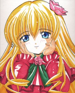 Rating: Safe Score: 0 Tags: 1girl blonde_hair blue_eyes blush flower hair_ornament hands_on_own_face image long_hair long_sleeves looking_at_viewer marker_(medium) shinku simple_background smile solo traditional_media upper_body User: admin