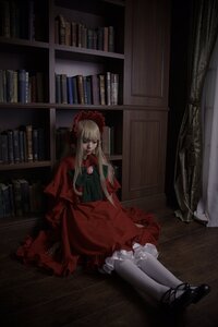 Rating: Safe Score: 0 Tags: 1girl bangs blonde_hair bonnet book book_stack bookshelf curtains dress indoors lolita_fashion long_hair open_book pantyhose red_dress shinku shoes sitting solo white_legwear User: admin